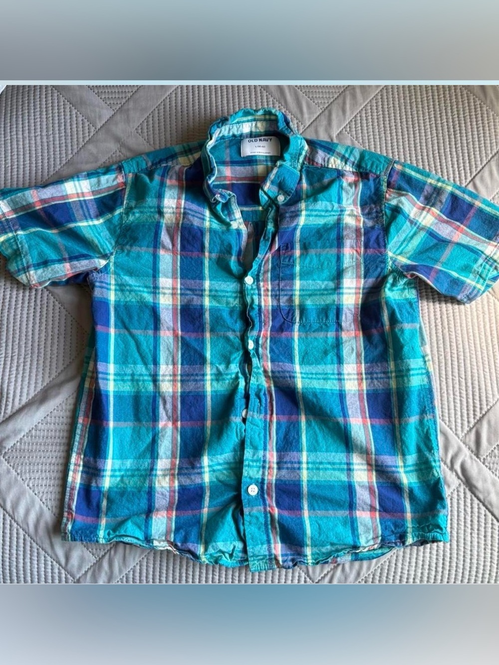 Old Navy Teal & Blue Plaid Short-Sleeve Button-Down Shirt